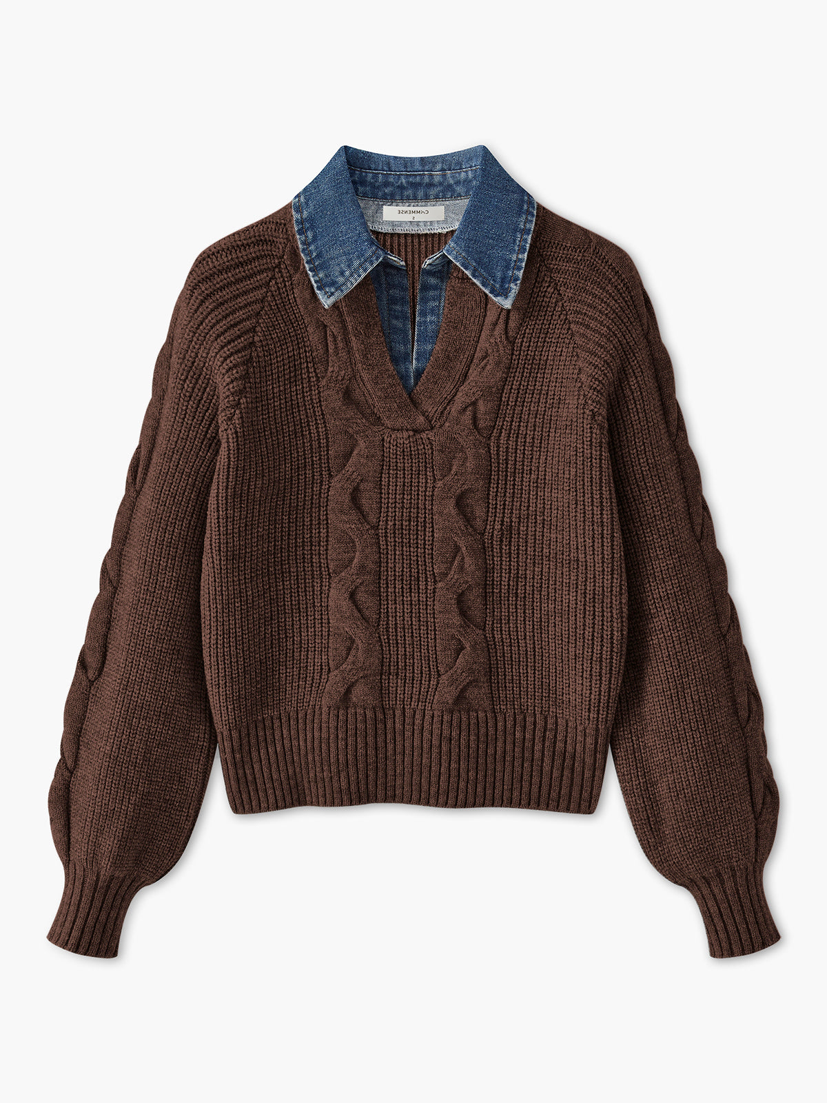 Denim Panel Ribbed Lapel Sweater