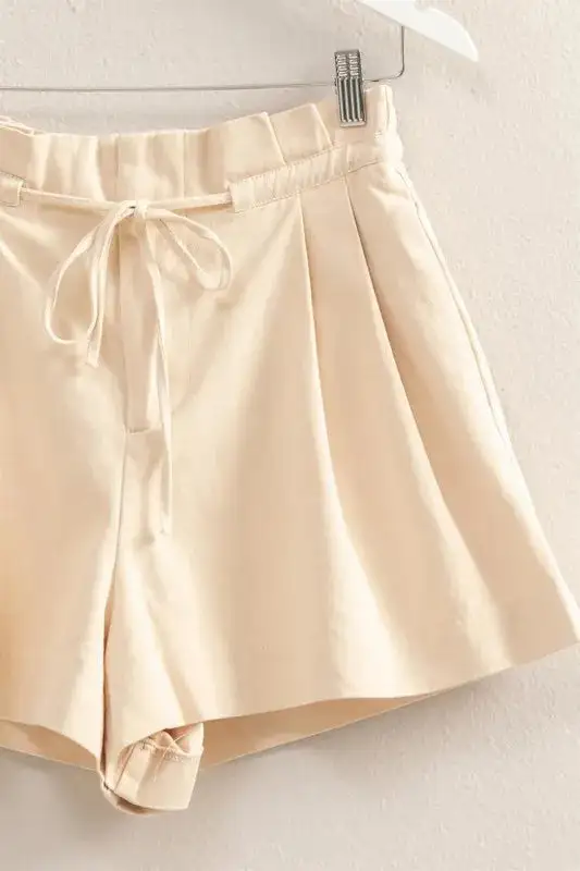 High Waisted Washed Twill Paperbag Shorts