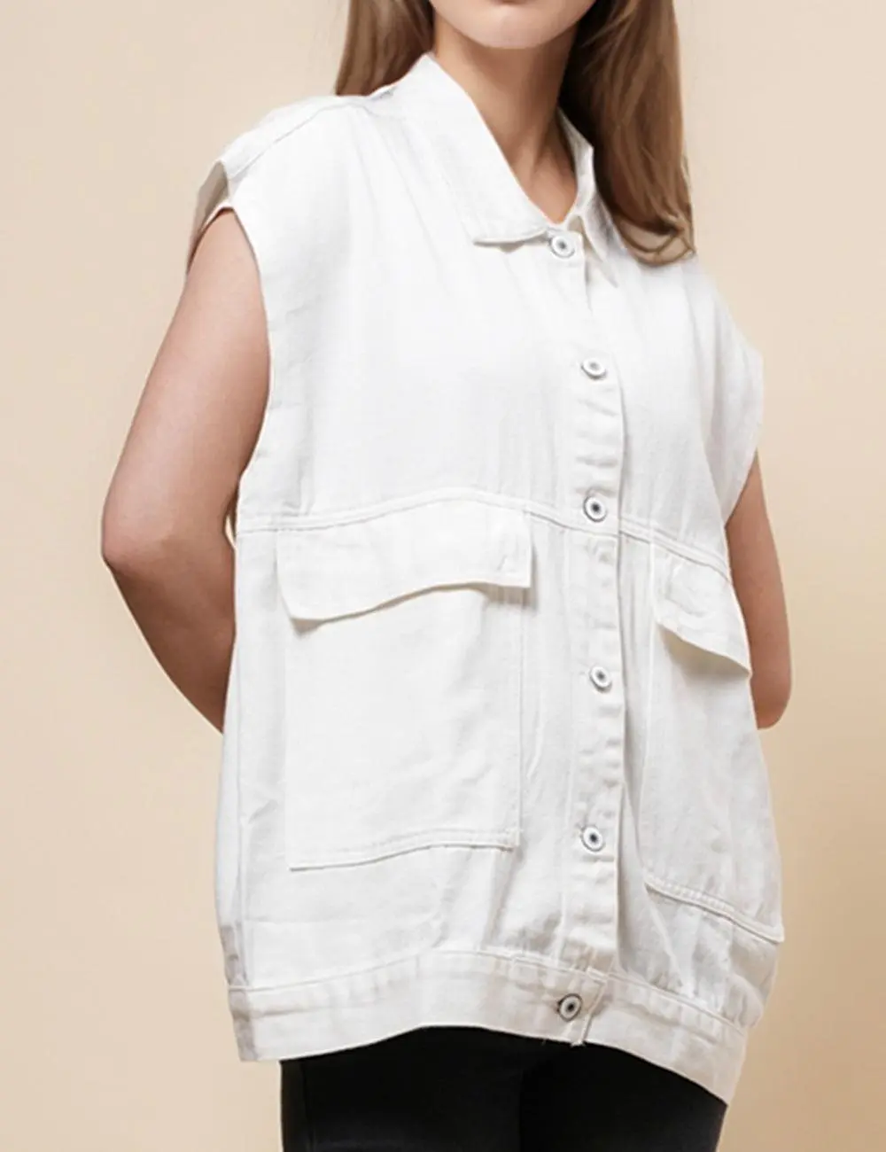 Button Front Turndown Collar Sleeveless Denim Vest