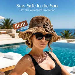 Women's Foldable Wide-Brim Straw Sun Hat – Hand-Knitted Cotton-Linen Blend with Bow Detail (Summer Style)