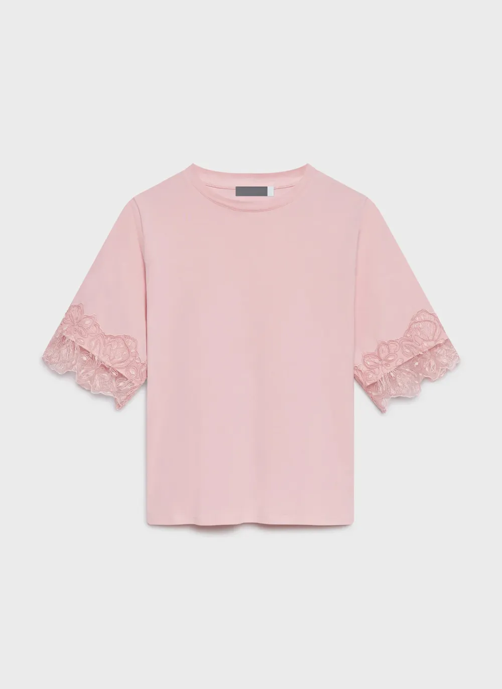 Casual Style Pink Cotton Lace Trim T-Shirt