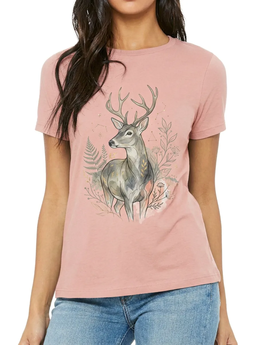 Women's Nature Wildlife Deer Floral Printed T-shirt