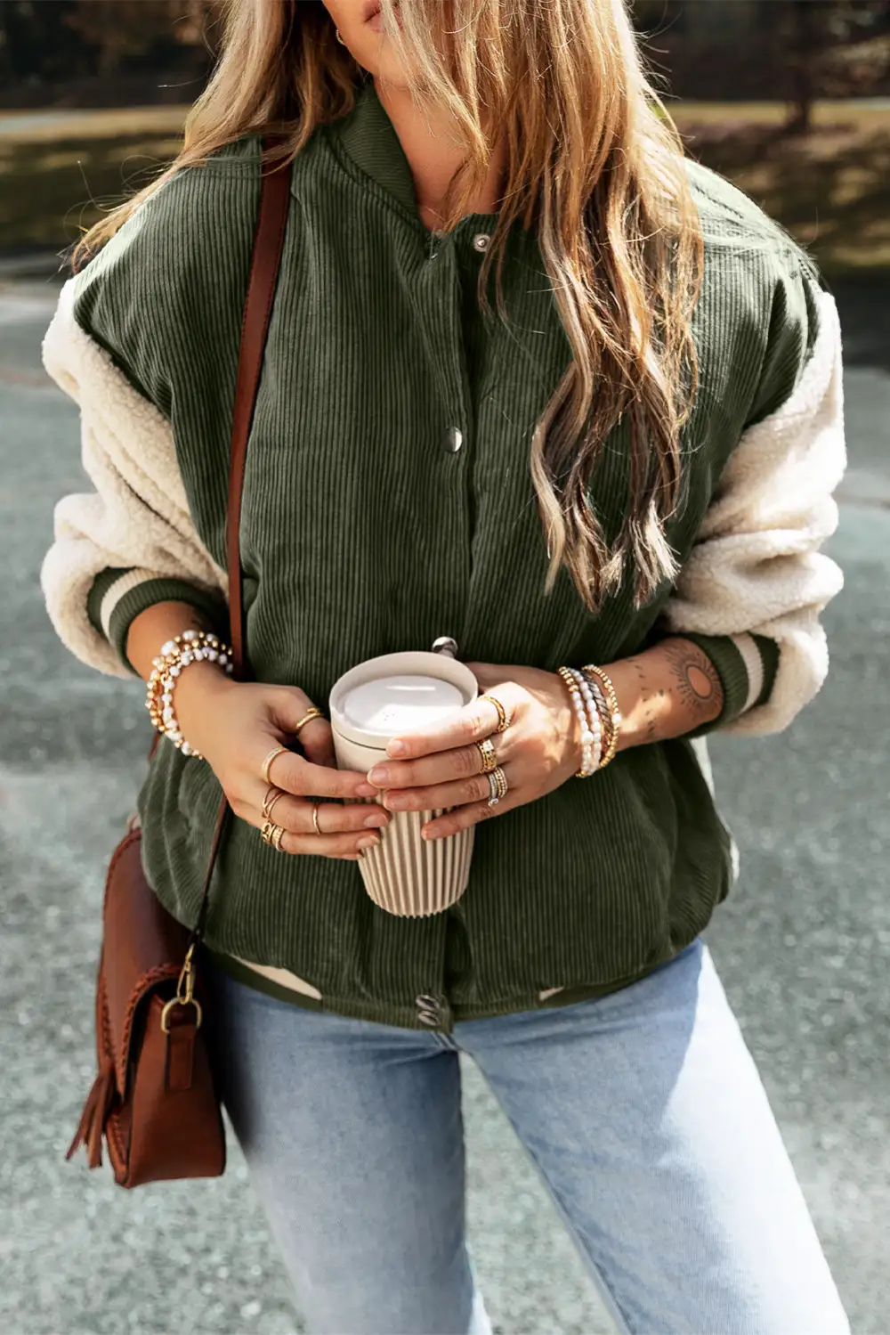 Fleece Corduroy Button Front Bomber Jacket