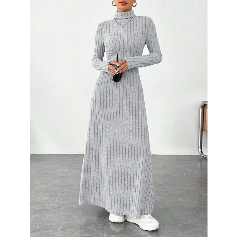 Ribbed Turtleneck Long Sleeve Maxi Knit Dress