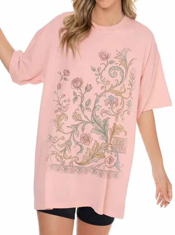 Women's Vintage Floral Bird Botanical Printed T-shirt
