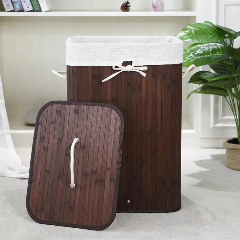 Foldable Bamboo Laundry Basket Rectangle Dark