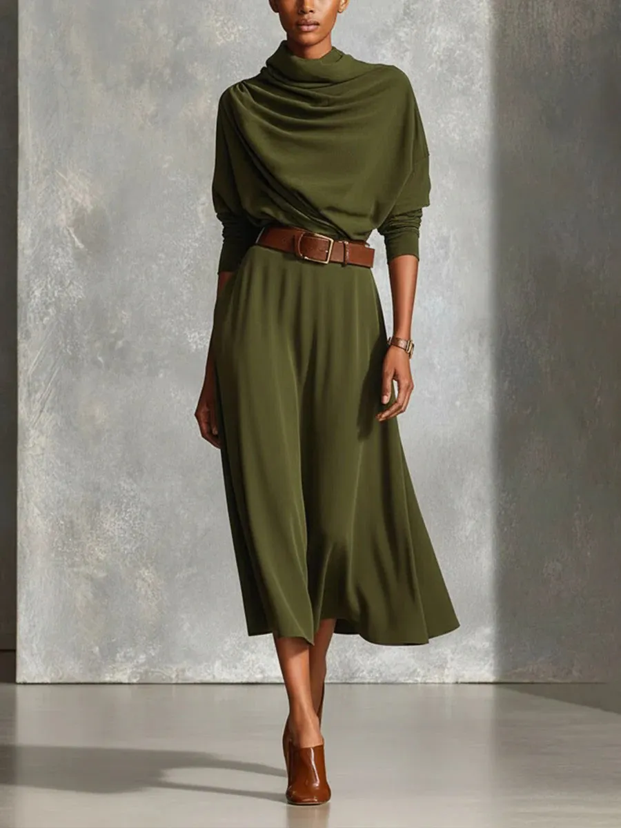 Elegant Draped Neck Knit Midi Dress