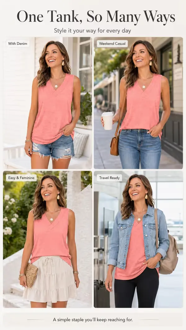 Women Summer Sleeveless V Neck Tank Top, Slimming Loose Fit Casual Tee for Daily