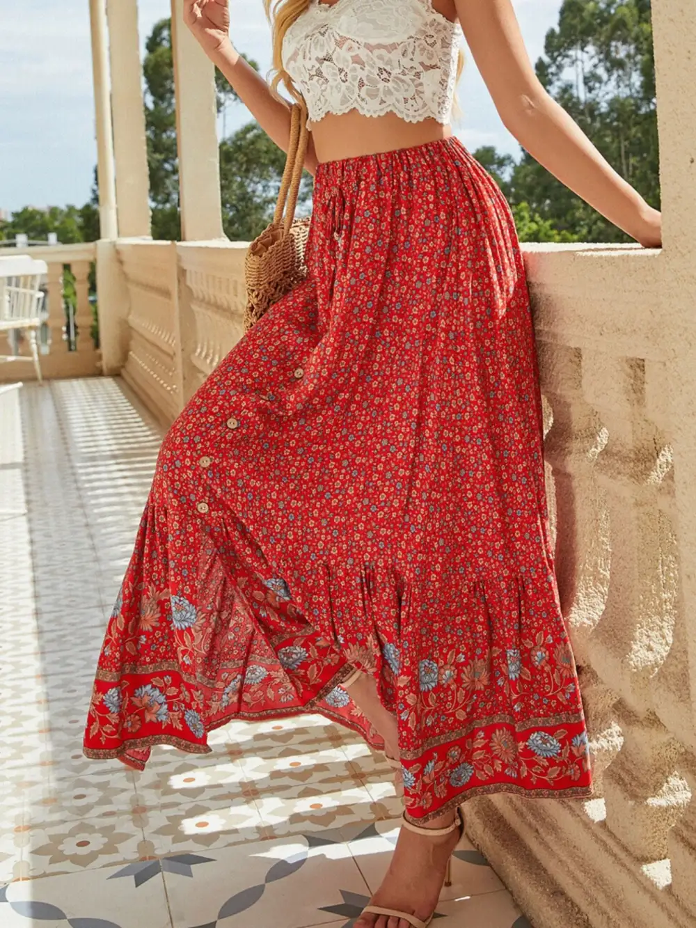 Floral Side Slit Skirt