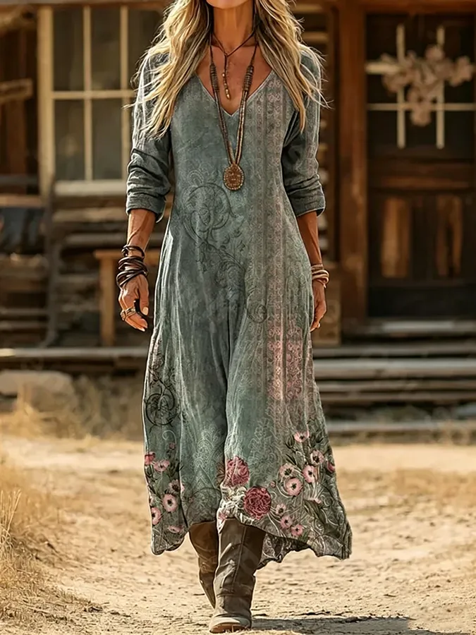 Women's Casual Retro V-neck Cotton Linen Dress