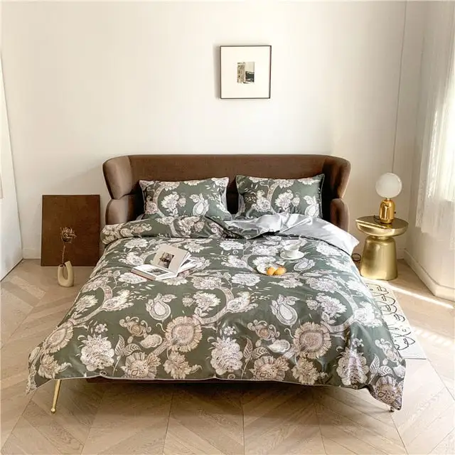 (Store Closing Sale) 6Pcs Luxury Egyptian Cotton Bedding Set Bright Flamingo Leaf Duvet Cover Bed Fitted sheet