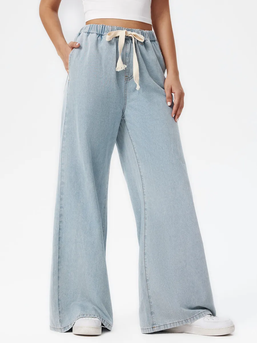 Denim High Waist Solid Tie Front Wide Leg