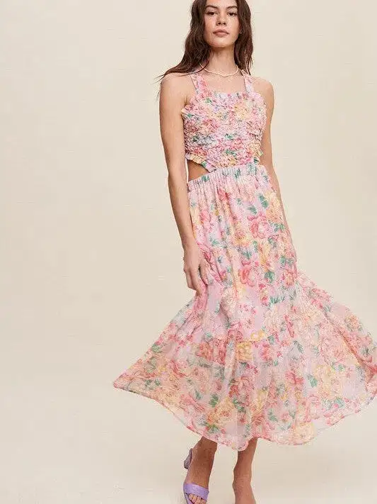 Romance is in the Air Textured Pink Floral Cutout Midi Dress