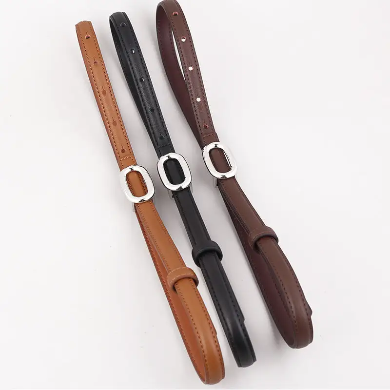 Skinny Leather Belt with Oval Buckle