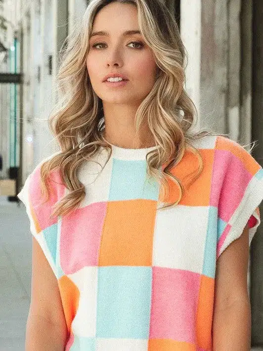 Pastel Dreams Checkered Sleeveless Sweater Top