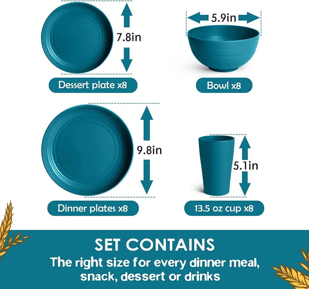 32-Piece Kitchen Wheat Straw Dinnerware Set, Service for 8, Dinner Plates, Dessert Plate, Cereal Bowls, Cups, Unbreakable Plastic Outdoor Camping Dishes, Black