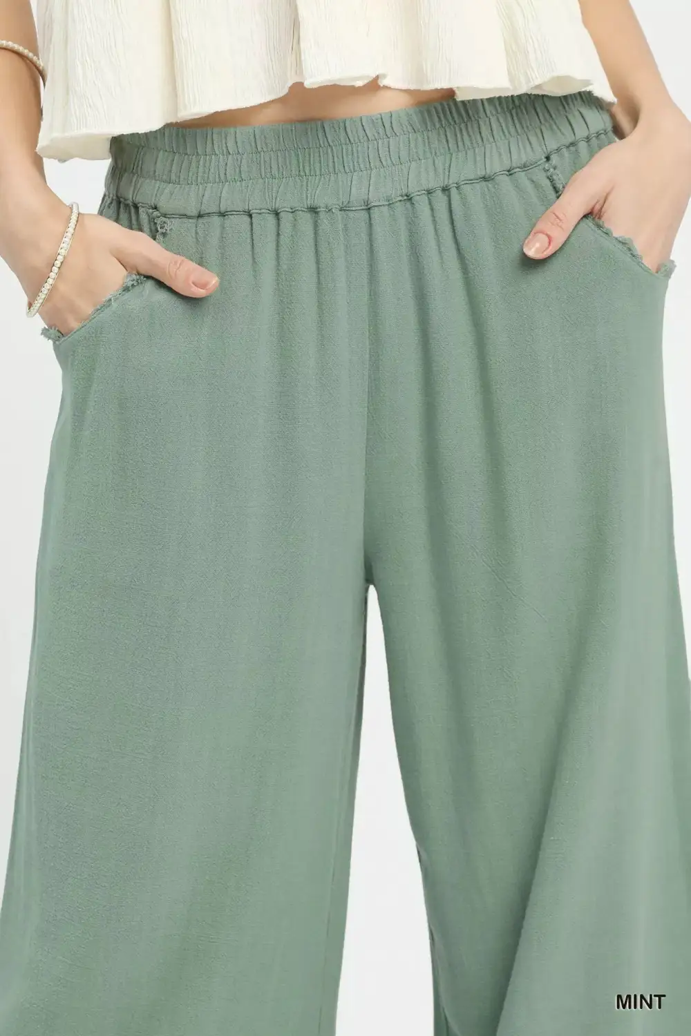Everyday Linen Wide Leg Cropped Pants with Lace Trim