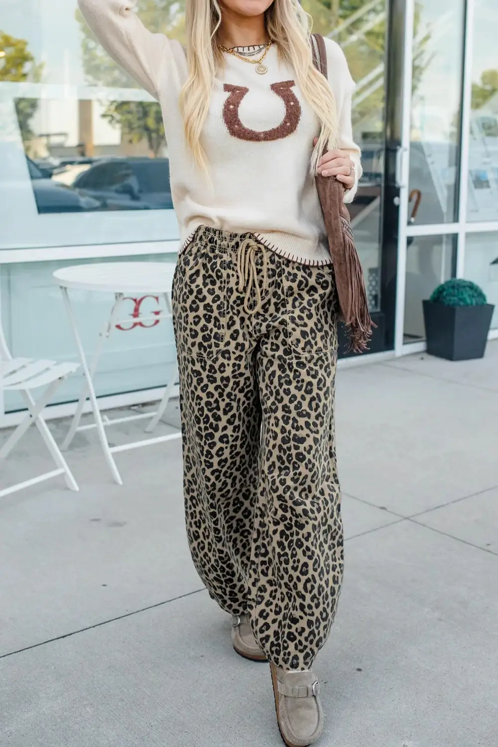 Leopard Print Drawstring Elastic Rise Loose Pants with Pockets