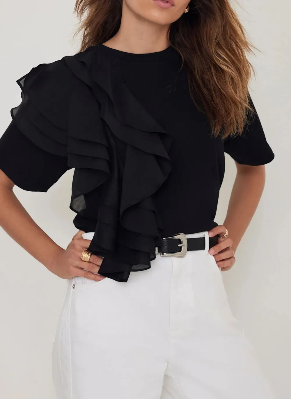 Casual Style Cotton Frill T-Shirt