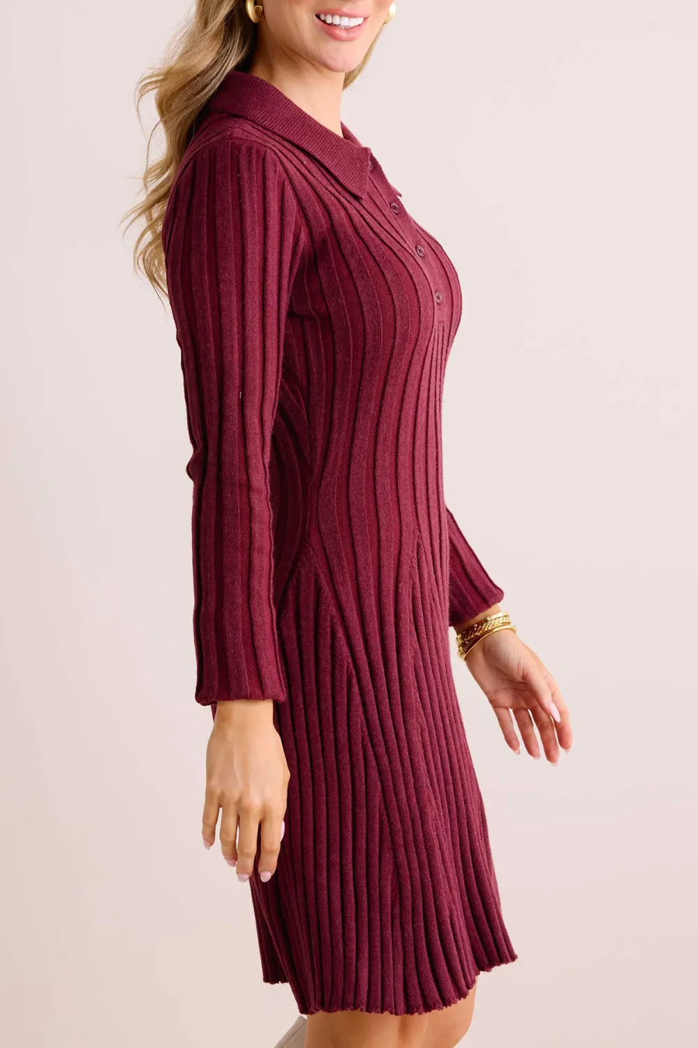 Wine Red Knit Collared Long Sleeve Dress