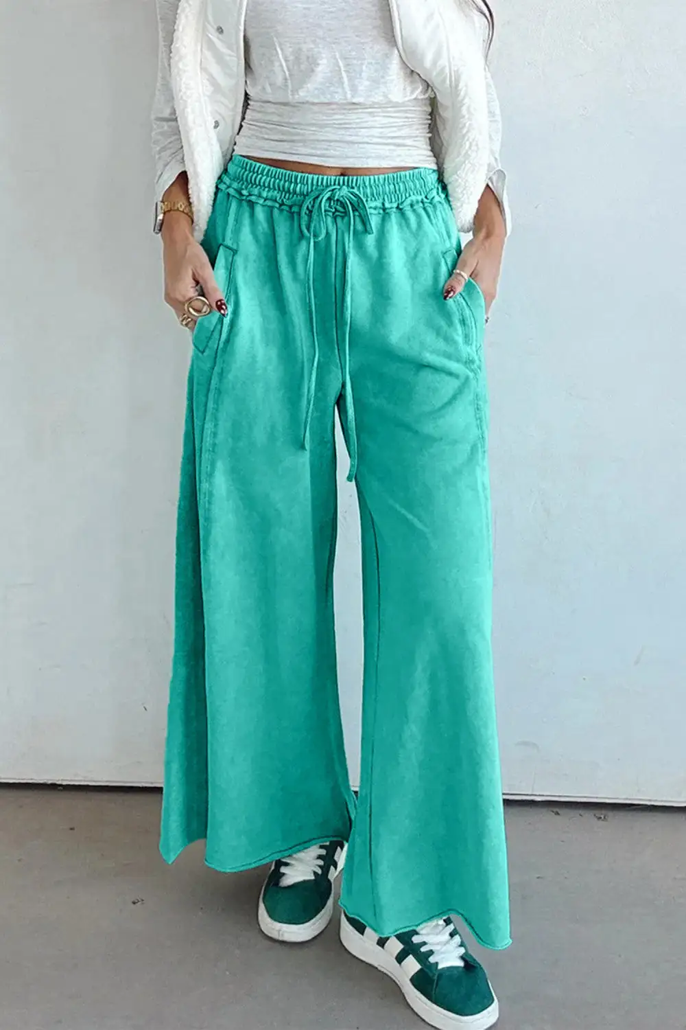 Drawstring Elastic Waist High Waist Raw Hem Pants