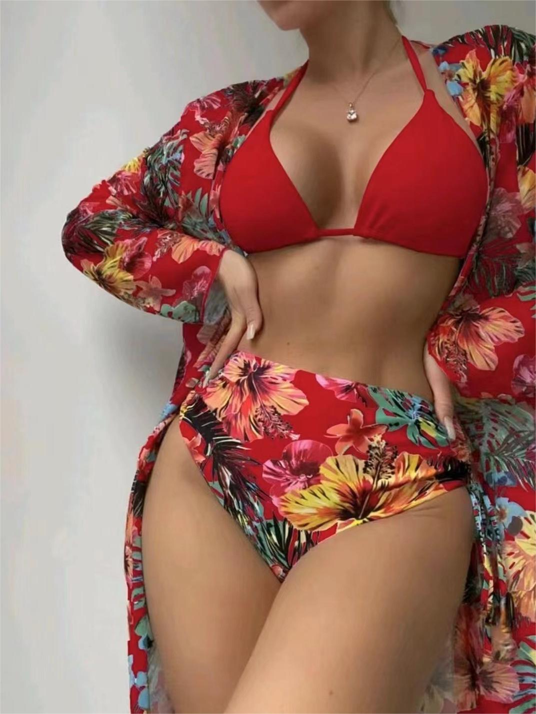 Bikini Print Print High Waist Briefs Long Cover Up Swimsuit