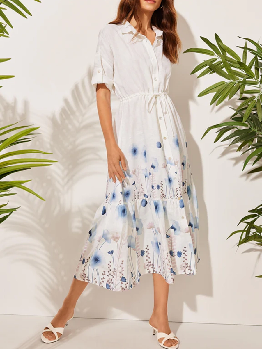 Waist Loose Casual Ladies Lapel Dress