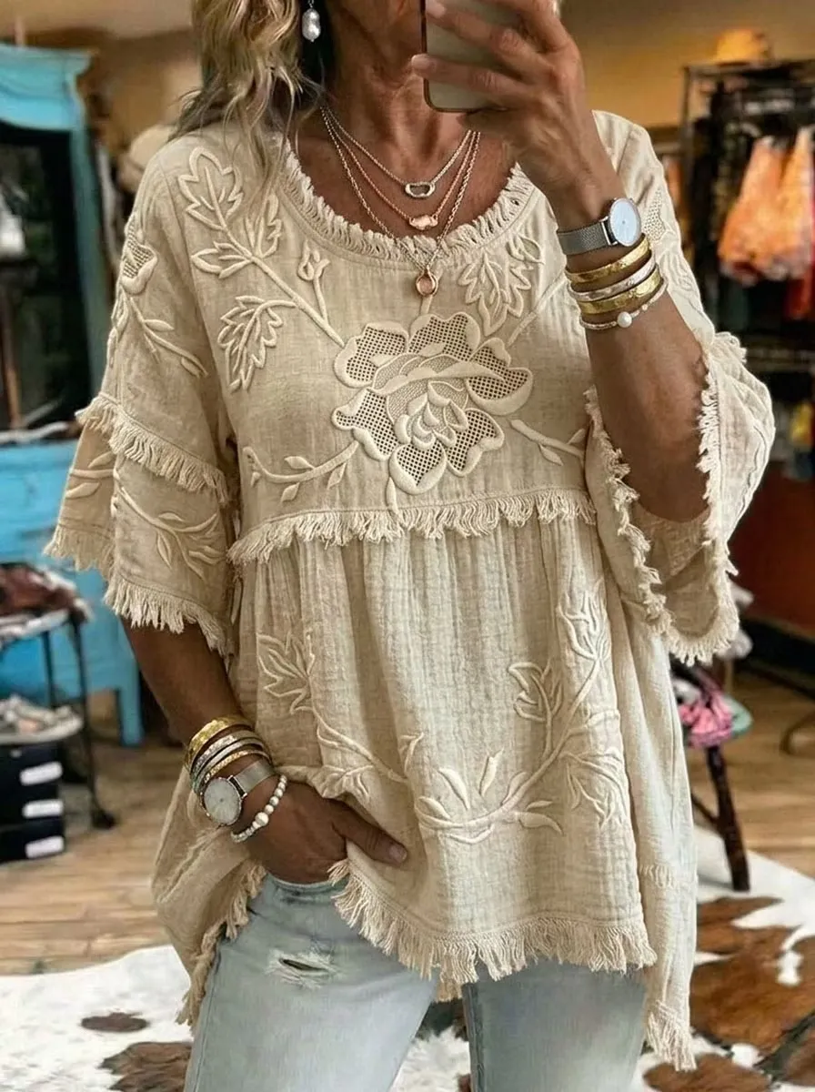 Women'S Retro Western Floral Art Cotton Linen Shirt