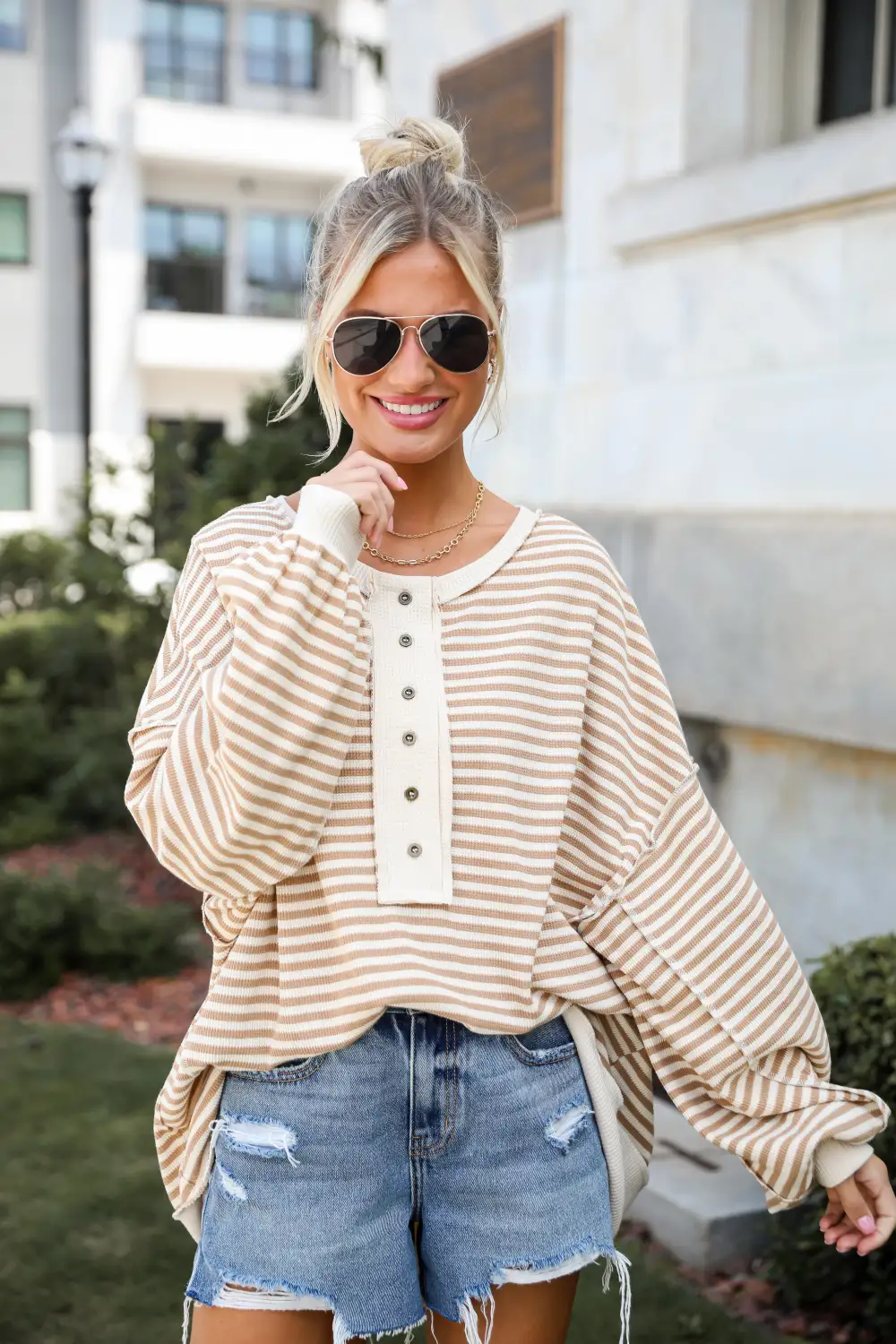 Enviably Cozy Cream Striped Oversized Waffle Knit Top