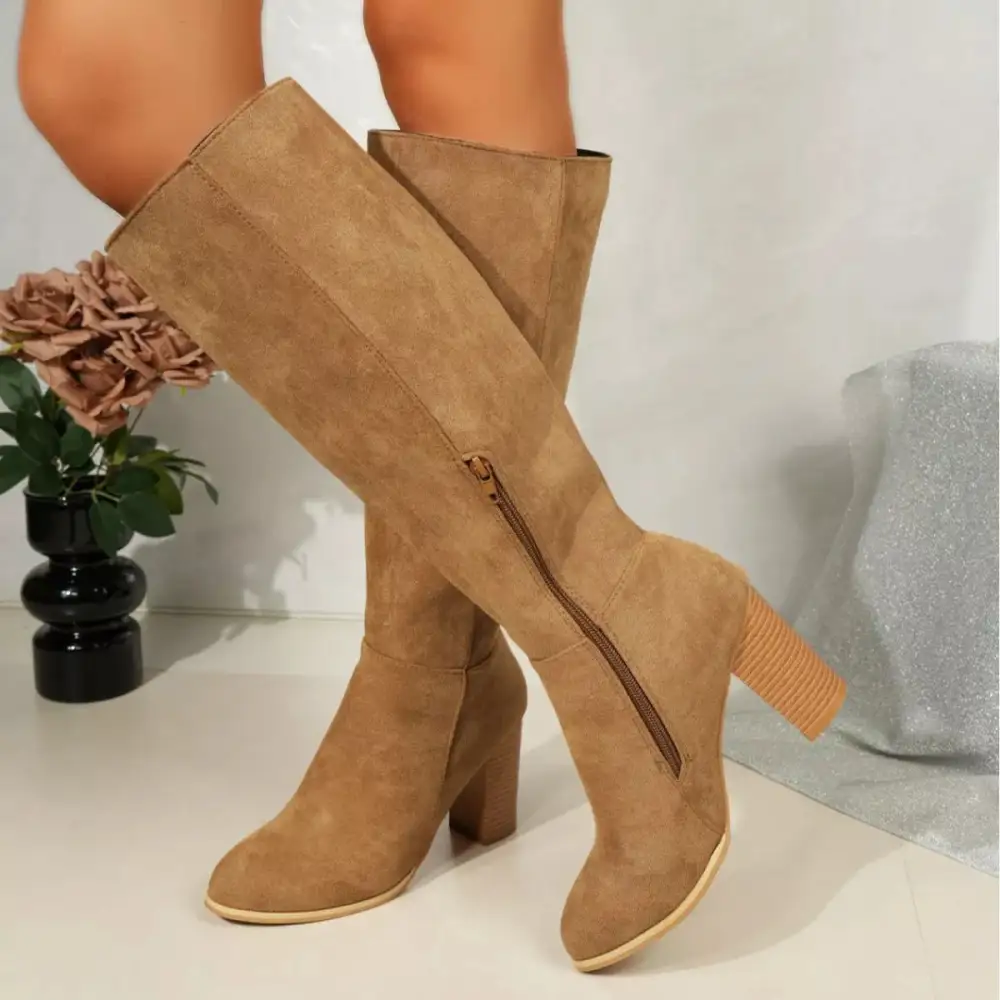 Pointed Toe Knee High Suede Block Heel Boots