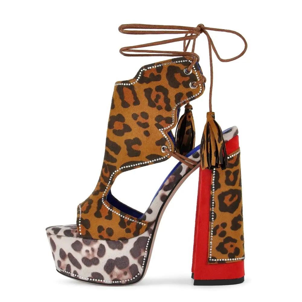 Leopard Rhinestone Tassel Lace Up Platform Sandals