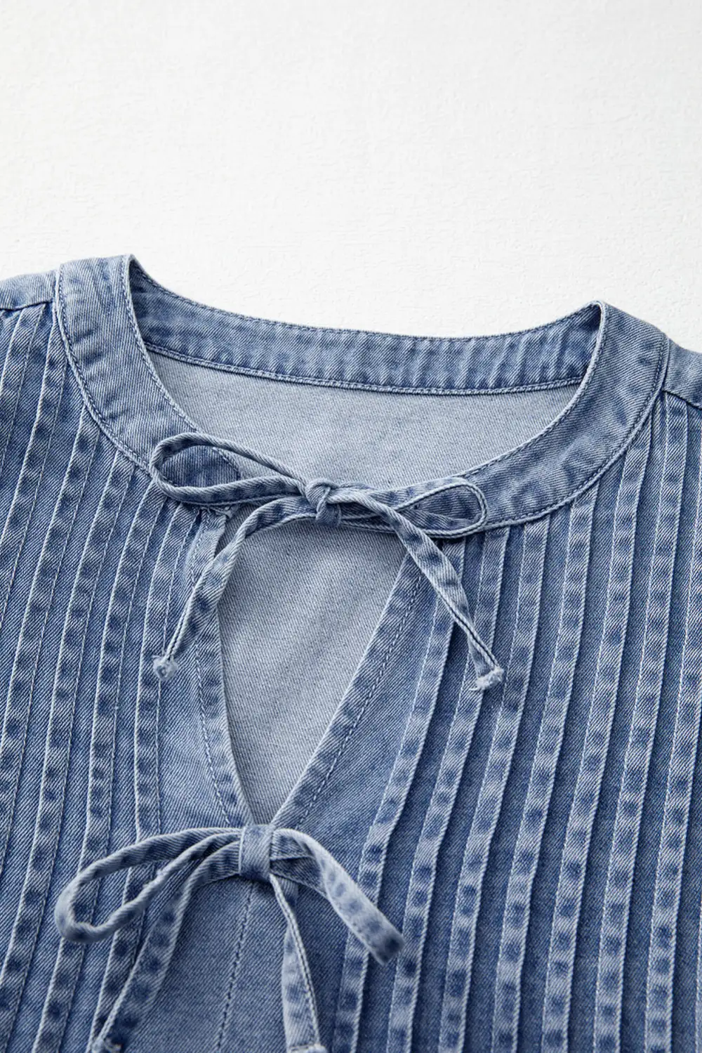Denim Front Pintuck Bow Tie Puff Sleeve Top