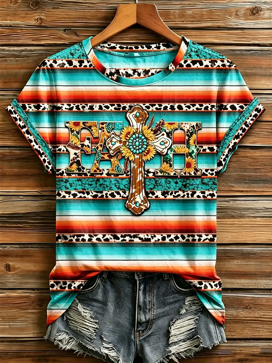 Women'S Casual Retro Western Faith Printed Short Sleeved Shirt