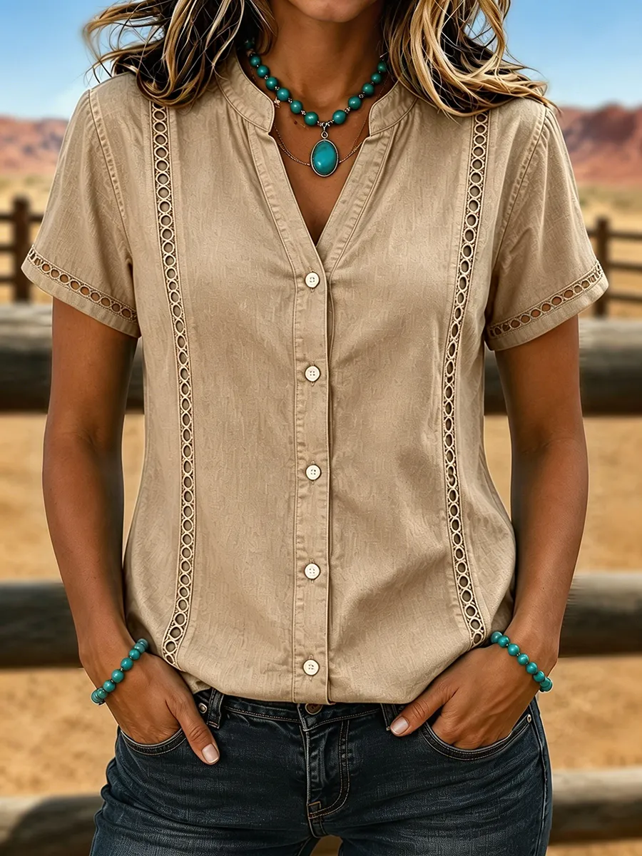 Women's Retro Hollow Out Lace Trim Button Down Western Denim Blouse