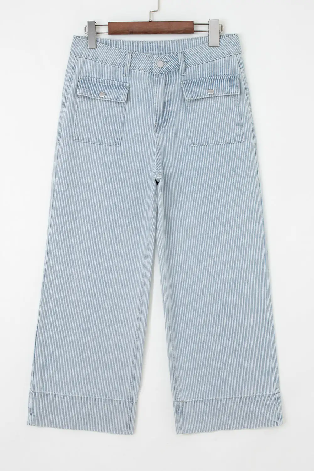 Wide Leg Cuffed Button Stripe Flap Jeans