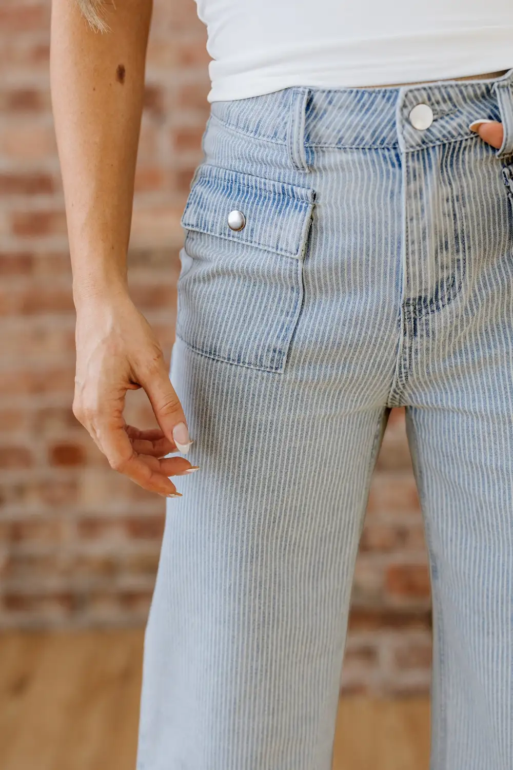 Stripe Button Flap Pocket Cuffed Hem Wide Leg Jeans