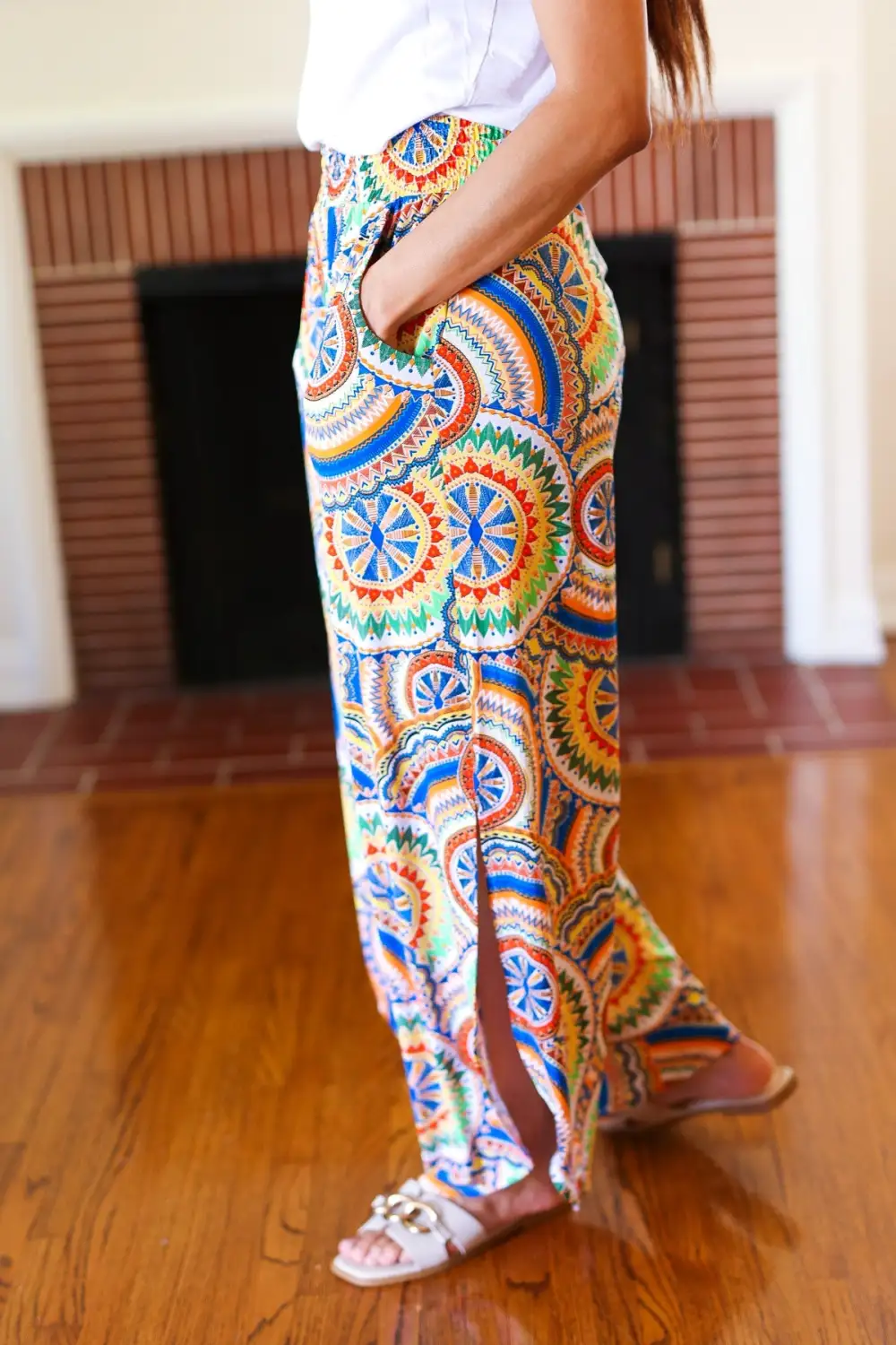 Mandala Smocked Waist Side Slit Palazzo Pants
