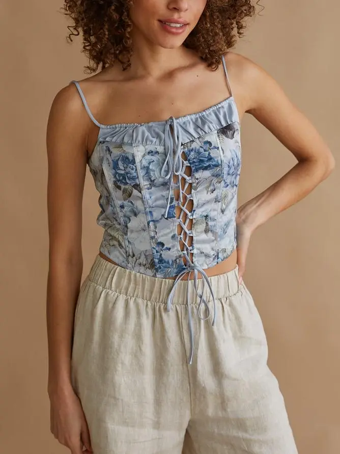 Lace Up Floral Satin Corset Top