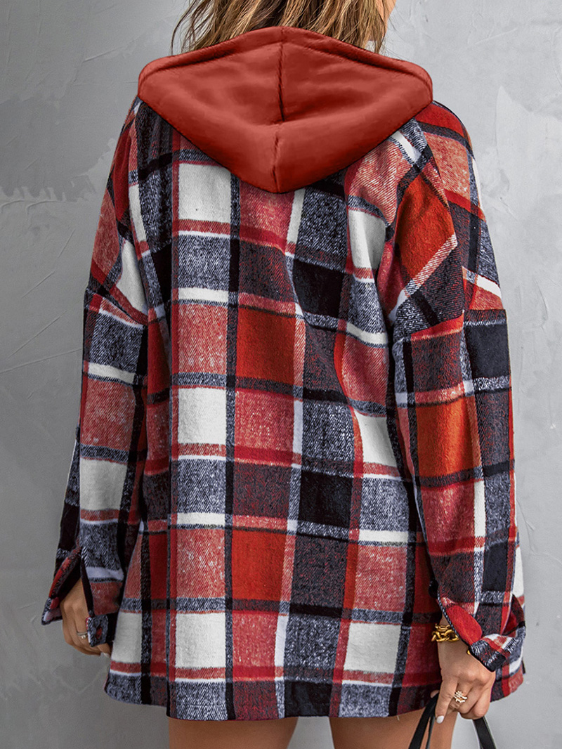 Fiery Red Hooded Plaid Button Front Shacket