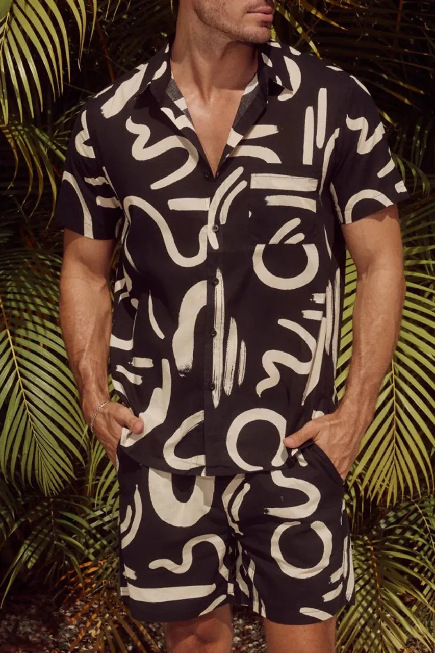 Black And White Abstract Print Men's Vacation Set
