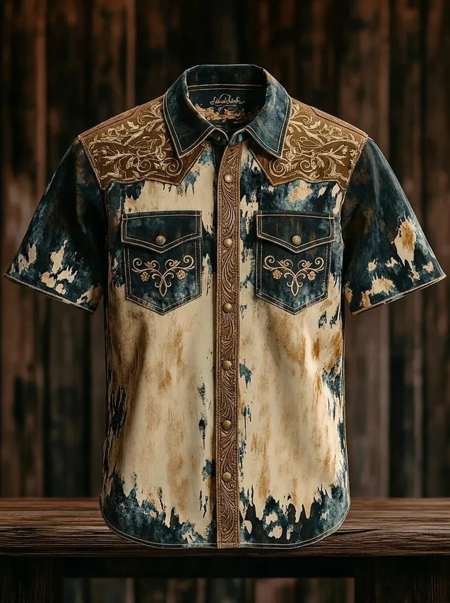 Men's Western Cowboy Floral Embroidered Distressed Printed Shirt