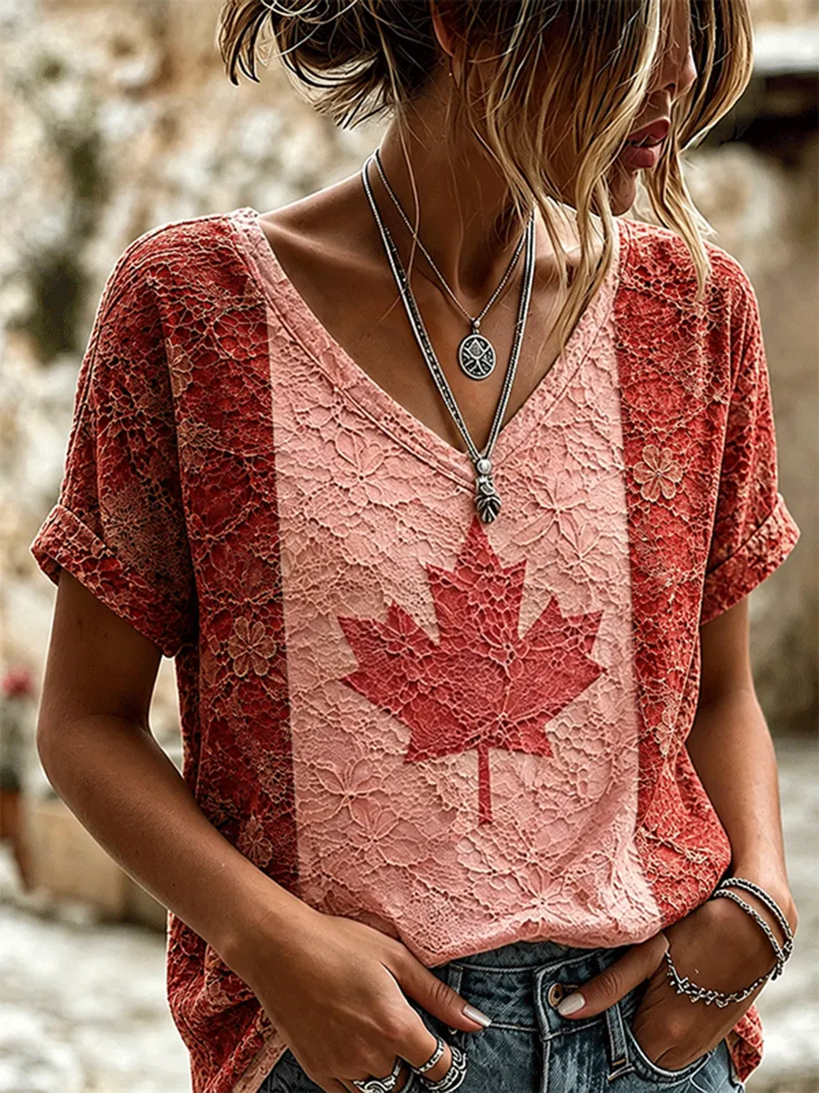 Women's Canada Flag Maple Leaf Lace V-Neck Short Sleeve Top