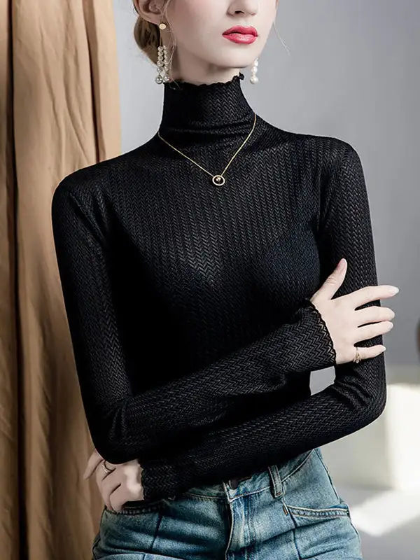 Long Sleeve Curve Fit Mesh Sheer Slightly Sheer Panel Detail High Neck T-Shirt