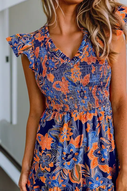 Boho Floral V Neck Ruffle Tiered Long Dress