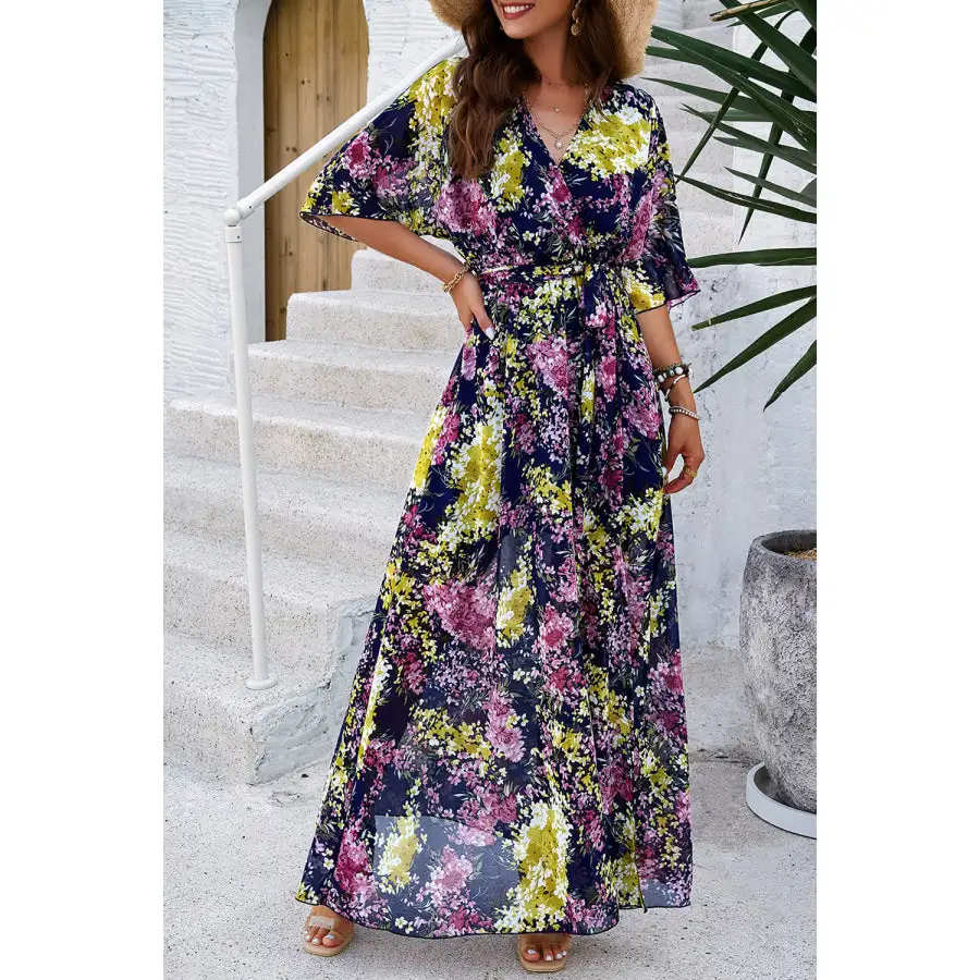 Printed Tied Half Sleeve Slit Dress