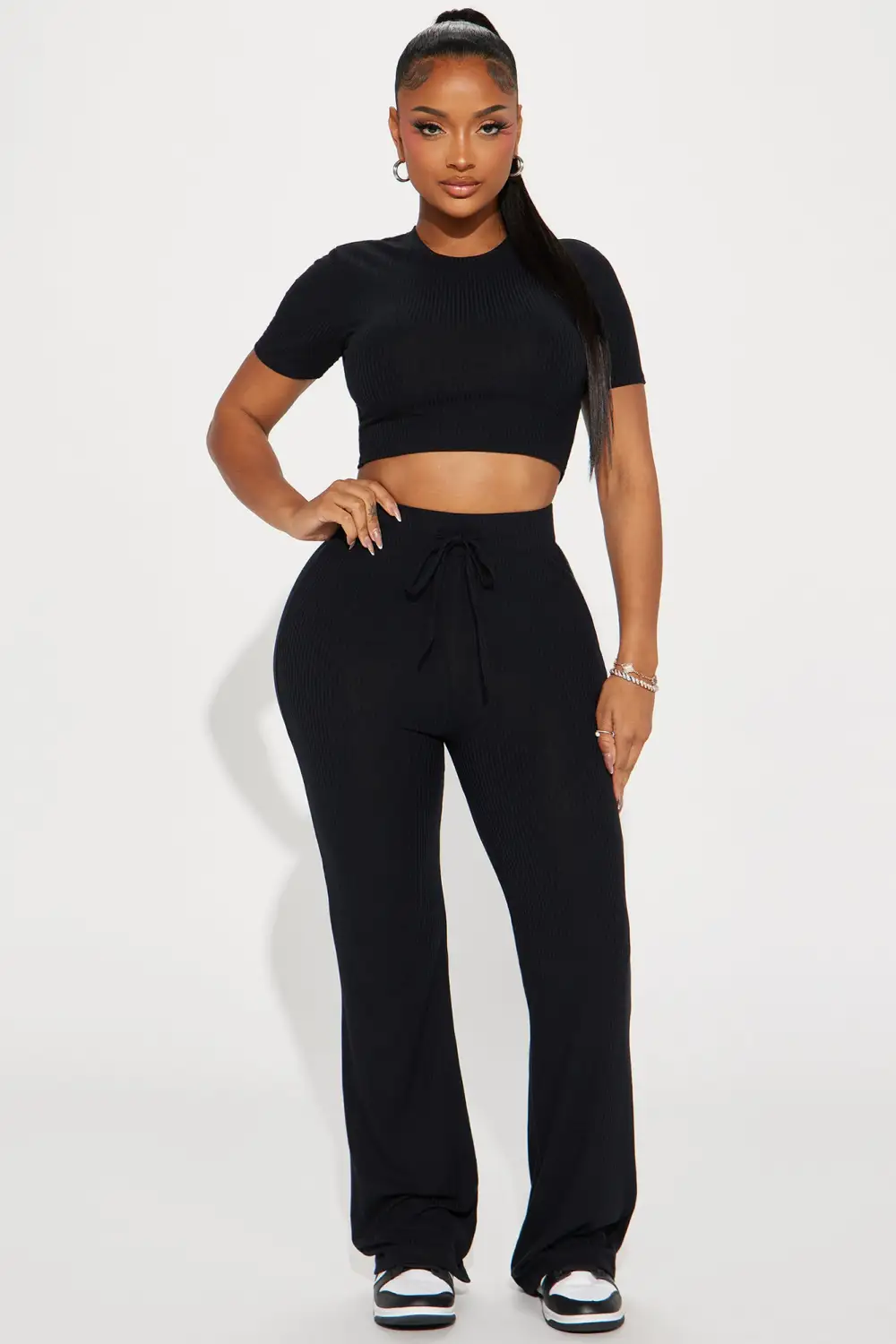 In A Mood Ribbed Pant Set - Black
