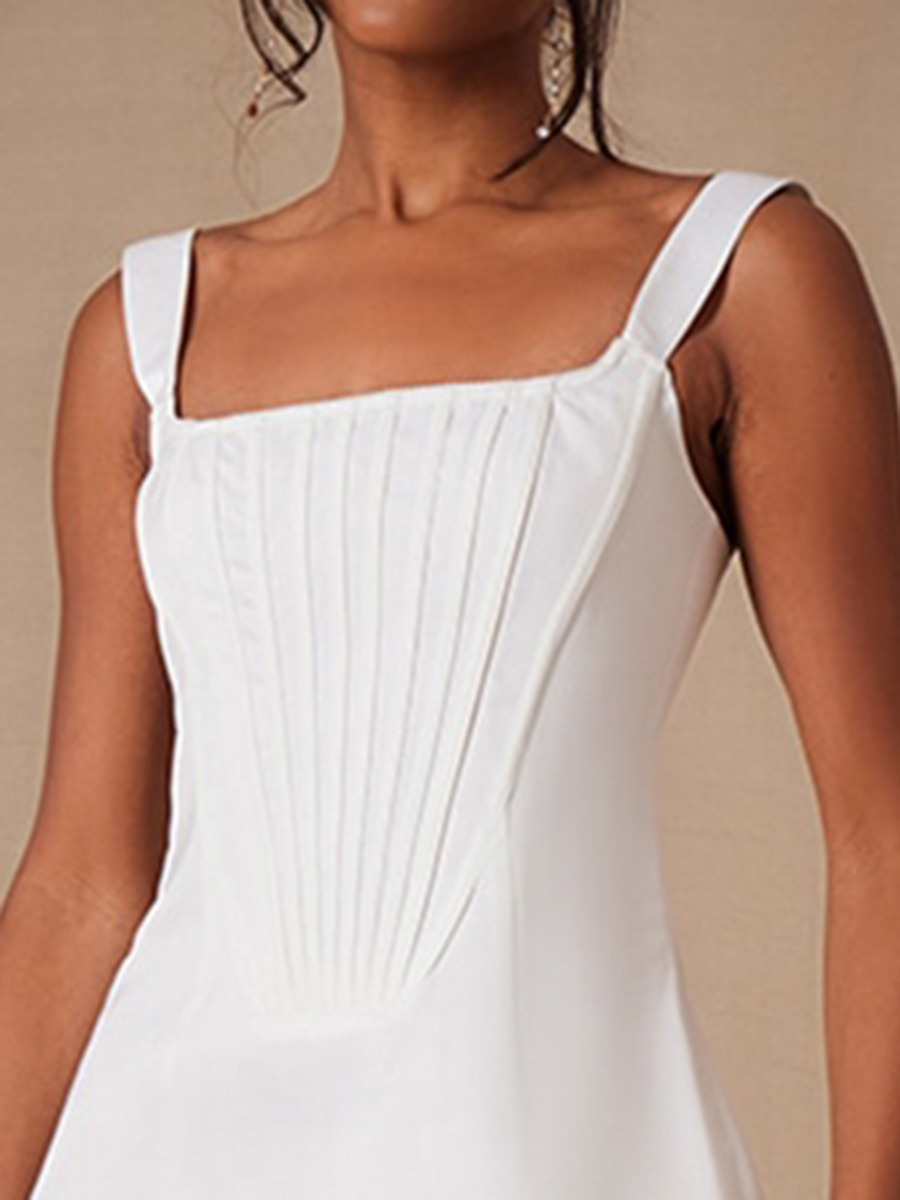 Premium White Woven Square Neck Lace Back Corset Dress