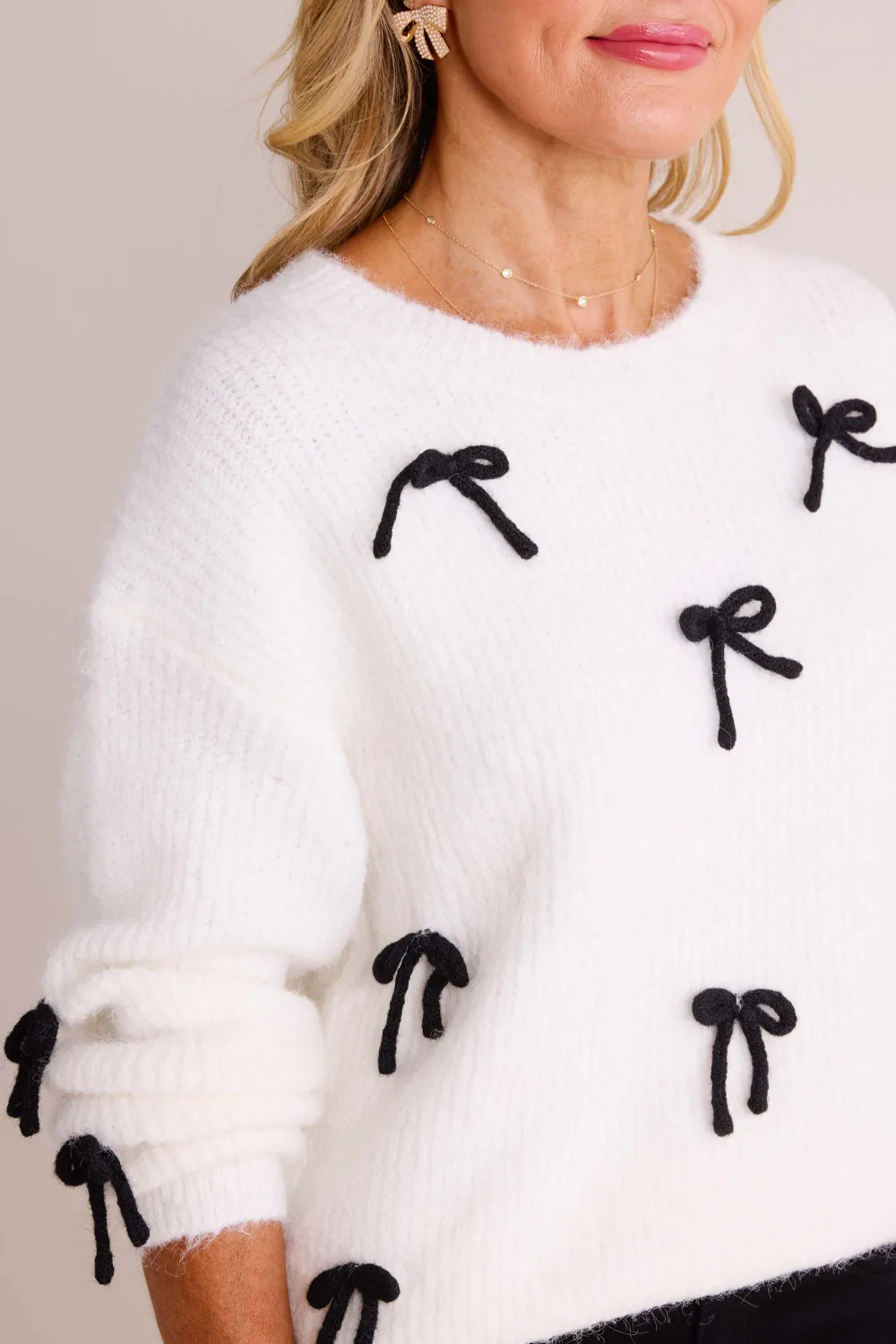 White Bow Crew Neck Long Sleeve Sweater