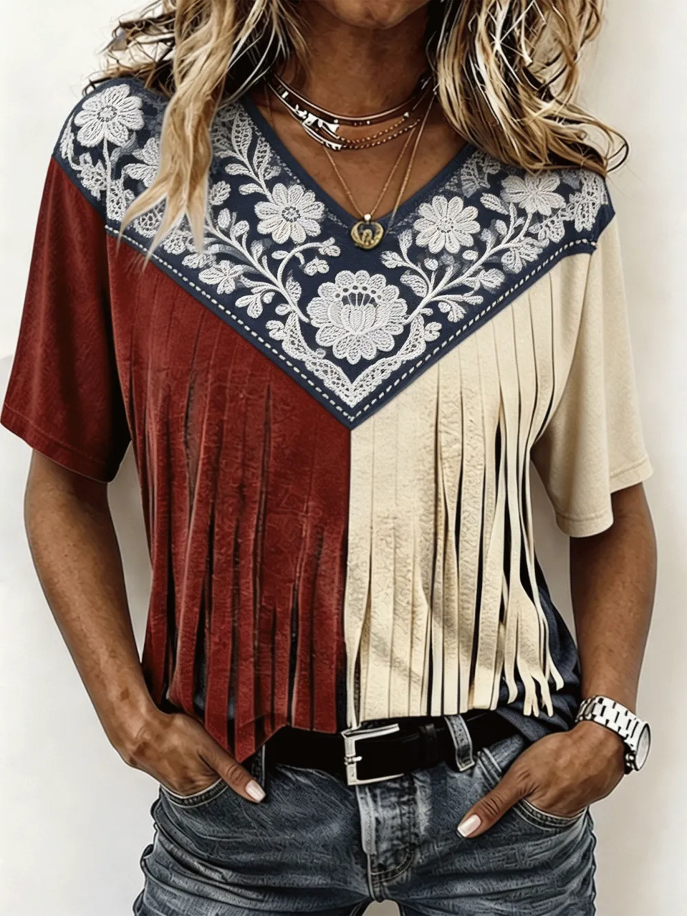 Women's Western Floral Embroidered Fringe Color Block Printed T-shirt