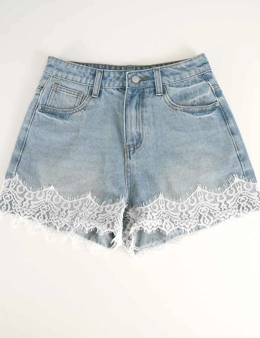 Lace Scalloped Hem Wide Leg Denim Shorts